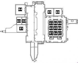 Volkswagen Toured - fuse box diagram - relay carrier on E-box on right under dash panel, near right a-pillar (only right-hand drive)