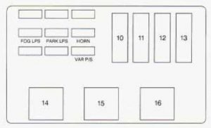 Buick Regal mk3 - fuse box - engine compartment (passeneger's side)` class=`size-medium wp-image-10874` height=`184` loading=`lazy` sizes=`(max-width: 300px) 100vw, 300px` src=`/uploads/b8d/611/12f/b8d61112fbc7602dd9149fb782bd09ba.jpg` srcset=`/uploads/b8d/611/12f/b8d61112fbc7602dd9149fb782bd09ba.jpg 300w, 481w` width=`300` />
<figcaption class=`wp-caption-text` id=`caption-attachment-10874`>Buick Regal mk3 – fuse box – engine compartment (passeneger’s side)</figcaption>
</figure>
<table class=`table table-hover table-bordered`>
<tbody>
<tr>
<td style=`width: 41px;`>Fuses</td>
<td style=`width: 446px;`>Usage</td>
</tr>
<tr>
<td style=`width: 41px;`>R/CMPT REL</td>
<td style=`width: 446px;`>Remote Trunk Release</td>
</tr>
<tr>
<td style=`width: 41px;`>ECM BAT</td>
<td style=`width: 446px;`>Powertrain Control Module (PCM), Fuel Pump, Fuel Pump Relay, Fan Cont #1 Relay</td>
</tr>
<tr>
<td style=`width: 41px;`>ENG EMIS</td>
<td style=`width: 446px;`>Generator, Fan Cont #2 Relay, A/C CMPR Relay (VIN M only)</td>
</tr>
<tr>
<td style=`width: 41px;`>TCC</td>
<td style=`width: 446px;`>Automatic Transaxle, Transaxle Range Switch</td>
</tr>
<tr>
<td style=`width: 41px;`>F/IN J N</td>
<td style=`width: 446px;`>Fuel Injectors</td>
</tr>
<tr>
<td style=`width: 41px;`>ECM IGN</td>
<td style=`width: 446px;`>Powertrain Control Module (PCM), EGR, CCP, VAPSW, Mass Air Flow (MAF) Sensor (VIN X only). Oxy Sensor</td>
</tr>
<tr>
<td style=`width: 41px;`>ELEK IGN</td>
<td style=`width: 446px;`>Electronic Ignition (EI) Control Module</td>
</tr>
<tr>
<td style=`width: 41px;`>10</td>
<td style=`width: 446px;`>I/P Fuse Block</td>
</tr>
<tr>
<td style=`width: 41px;`>11</td>
<td style=`width: 446px;`>FAN CONT #I Relay</td>
</tr>
<tr>
<td style=`width: 41px;`>12</td>
<td style=`width: 446px;`>Passenger’s Side Underhood Electrical Center and I/P Fuse Blocks: Fuses 5, 14,23 and 32</td>
</tr>
<tr>
<td style=`width: 41px;`>13</td>
<td style=`width: 446px;`>FAN CONT #2 Relay and UP Fuse Block: Fuse 16, Power Seat Circuit Breaker “D”</td>
</tr>
</tbody>
</table>
<p> </p>
<table class=`table table-hover table-bordered`>
<tbody>
<tr style=`height: 24px;`>
<td style=`width: 41px; height: 24px;`>Relays</td>
<td style=`width: 446px; height: 24px;`>Usage</td>
</tr>
<tr style=`height: 24px;`>
<td style=`width: 41px; height: 24px;`>14</td>
<td style=`width: 446px; height: 24px;`>FUEL PUMP</td>
</tr>
<tr style=`height: 24px;`>
<td style=`width: 41px; height: 24px;`>15</td>
<td style=`width: 446px; height: 24px;`>A/C CMPR</td>
</tr>
<tr style=`height: 24px;`>
<td style=`width: 41px; height: 24px;`>16</td>
<td style=`width: 446px; height: 24px;`>FAN CONT #2 — Secondary Cooling Fan (Passenger Side)</td>
</tr>
<tr style=`height: 24px;`>
<td style=`width: 41px; height: 24px;`>17</td>
<td style=`width: 446px; height: 24px;`>FAN CONT #I — Primary Cooling Fan (Driver Side)</td>
</tr>
<tr style=`height: 24px;`>
<td style=`width: 41px; height: 24px;`>18</td>
<td style=`width: 446px; height: 24px;`>Ignition Relay</td>
</tr>
</tbody>
</table>
<h3>Underhood Electrical Center — Passenger’s Side</h3>
<p>Additional fuses are in the underhood electrical center on the driver’s side of the engine compartment.</p>
<figure aria-describedby=`caption-attachment-10878` class=`wp-caption alignnone` id=`attachment_10878` style=`width: 300px`><img alt=`Buick Regal mk3 - fuse box - engine compartment (driver's side)